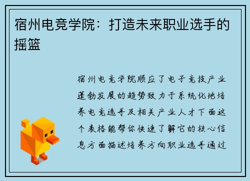 宿州电竞学院：打造未来职业选手的摇篮